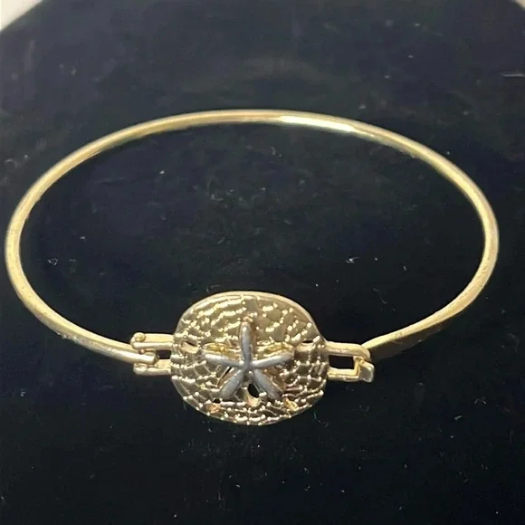 Gold Tone and Silver Hammered Sand Dollar Hook Bangle Bracelet - Picture 1 of 5